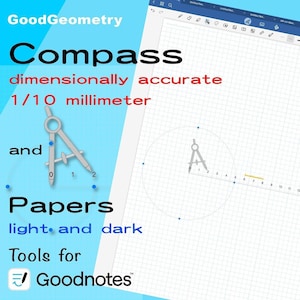 Puede incluir: Una herramienta de compás digital para Goodnotes, con una precisión de 1/10 de milímetro, que se muestra en un papel cuadriculado con opciones claras y oscuras. El compás es dimensionalmente preciso y se puede utilizar para dibujar círculos y arcos.