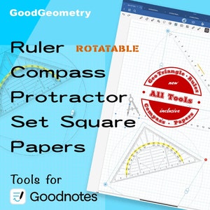 May include: A digital illustration of a set of geometry tools for Goodnotes, including a ruler, compass, protractor, set square, and grid paper. The tools are red, yellow, and black. The text "Geo Triangle Ruler" and "All Tools" are visible in the image.