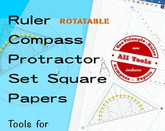 Ruler, compass, set square, protractor. Rotatable, exact dimensions. Geometry tool collection for Goodnotes.  Colored papers.