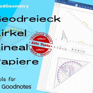 Geometrie Tool-Sammlung für Goodnotes. Geodreieck, Lineal, Zirkel Abmessungengenau drehbar. Papiere in mehreren Farben.