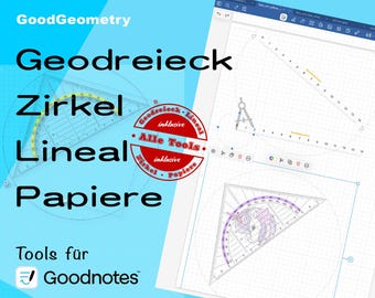 ジオメトリ ツール - Goodnotes 用のサンプル。 Geodreieck、Lineal、Zirkel の寸法genau drehbar。メーレレン・ファルベンのパピエール。