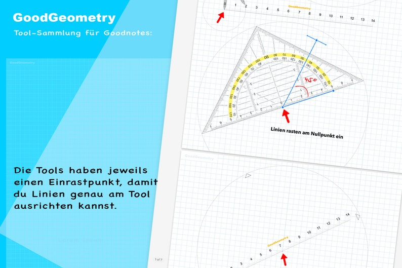 Komplette Geometrie Tool-Sammlung für Goodnotes. Geodreieck, Lineal, Zirkel dimensionsgenau drehbar. Papiere in mehreren Farben. image 5