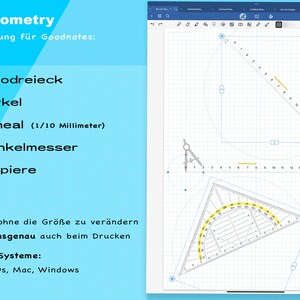 Komplette Geometrie Tool-Sammlung für Goodnotes. Geodreieck, Lineal, Zirkel dimensionsgenau drehbar. Papiere in mehreren Farben. Bild 2