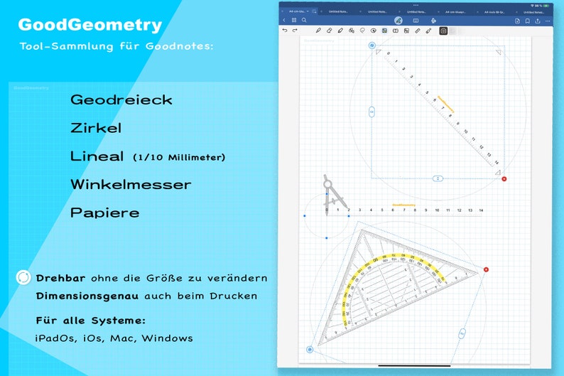 Komplette Geometrie Tool-Sammlung für Goodnotes. Geodreieck, Lineal, Zirkel dimensionsgenau drehbar. Papiere in mehreren Farben. image 2