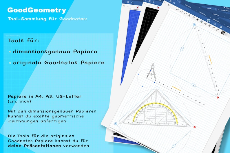 Komplette Geometrie Tool-Sammlung für Goodnotes. Geodreieck, Lineal, Zirkel dimensionsgenau drehbar. Papiere in mehreren Farben. Bild 3