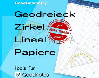 Geometrie Tool-Sammlung für Goodnotes. Geodreieck, Lineal, Zirkel dimensionsgenau drehbar. Papiere in mehreren Farben.