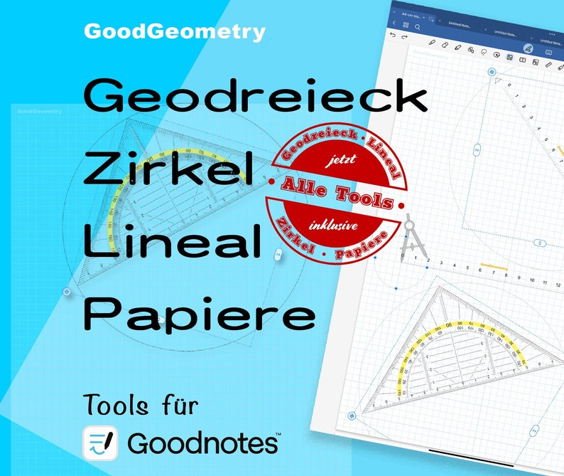 Komplette Geometrie Tool-Sammlung für Goodnotes. Geodreieck, Lineal, Zirkel dimensionsgenau drehbar. Papiere in mehreren Farben. Bild 1