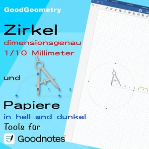 Könnte beinhalten: Ein digitales Kompass-Tool für die Goodnotes-App, mit blauem Hintergrund und dem Text "GoodGeometry Zirkel dimensionsgenau 1/10 Millimeter und Papiere in hell und dunkel Tools für Goodnotes".