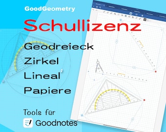 Schullizenz - Goodnotes のためのジオメトリ ツールの説明。 Geodreieck、Lineal、Zirkel の寸法genau drehbar。メーレレン・ファルベンのパピエール。