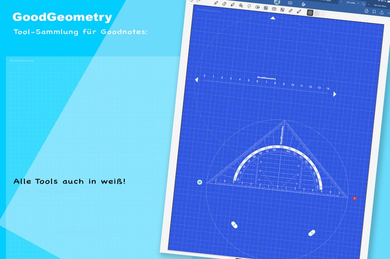 Komplette Geometrie Tool-Sammlung für Goodnotes. Geodreieck, Lineal, Zirkel dimensionsgenau drehbar. Papiere in mehreren Farben. Bild 6