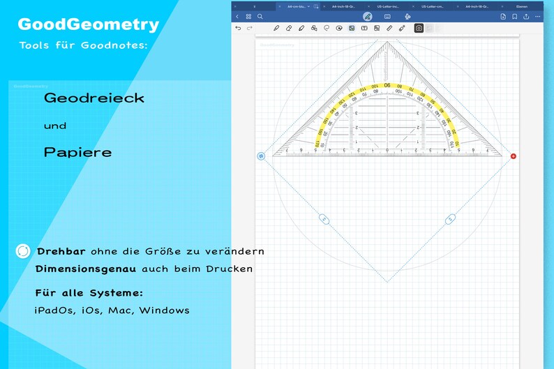 Geodreieck, Geodreieck für Goodnotes, drehbar, digitales Geodreieck, Mathe, Geometrie, Zeichnen, digitales Werkzeug, millimetergenau Bild 2