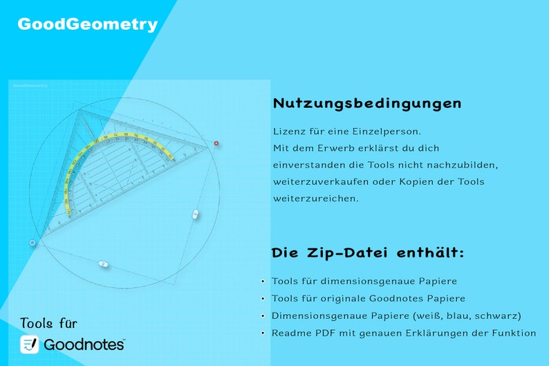 Komplette Geometrie Tool-Sammlung für Goodnotes. Geodreieck, Lineal, Zirkel dimensionsgenau drehbar. Papiere in mehreren Farben. Bild 7