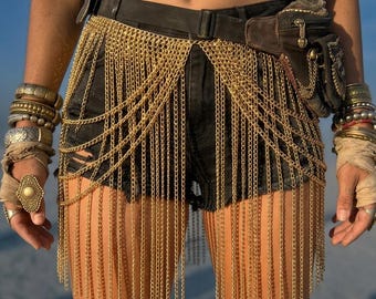 Falda con flecos de cadena dorada – Joyería corporal artesanal para festivales, cadena de cintura estilo boho para actuaciones