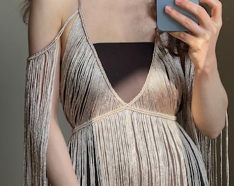 Gold Goddess dress, gold festival outfit, fringe rave dress