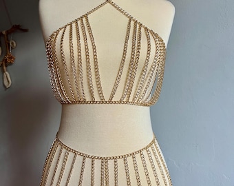 Gold Chain Bra and Skirt Set: Festival Rave Body Jewelry