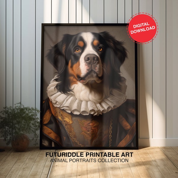 Vintage Aristocratic Bernese Mountain Dog Print, Pet Renaissance Portrait, Dog Printable Artwork, Animal Head Human Body, Download, F0150