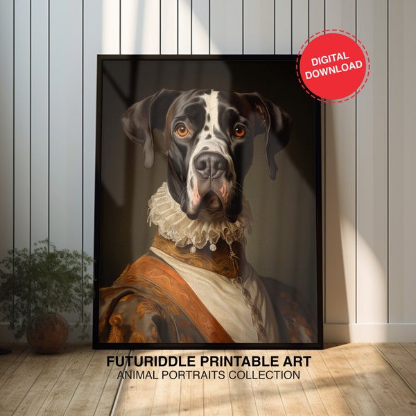 Vintage aristokratische Dogge Druck, Haustier Renaissance Portrait, Hund druckbare Kunstwerk, Tierkopf menschlicher Körper, königliche Haustier Kunst, F0166