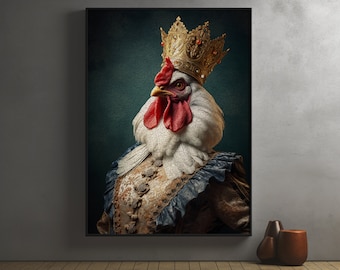 Vintage Rooster Poster, Renaissance Portrait, Animal Head Human Body, Royal Rooster Portrait, King, Antique Animal Painting, Crown, F0006