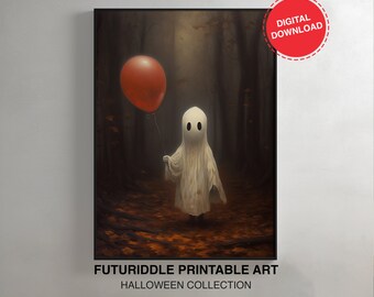 Cute Little Ghost With Balloon, Printable Gothic Art, Sheeted Ghost Art Print, Dark Academia Room Decor, Halloween Poster, Wall Decor, F0047