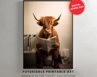 Highland Cow Sitting on the Toilet Reading a Newspaper, Color Poster, Funny Animal Print, Cow Head Human Body, Printable Wall Art, F0054
