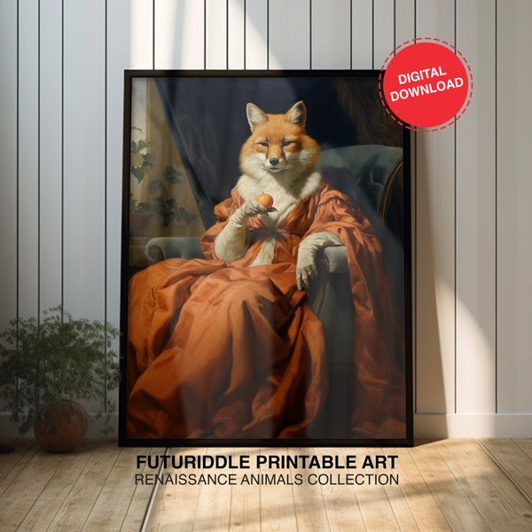 Vintage Lady Fox in Renaissance Gown, Oil Painting, Antique Art Poster, Animal Head Human Body, Printable, Fox Wearing A Dress, F0171