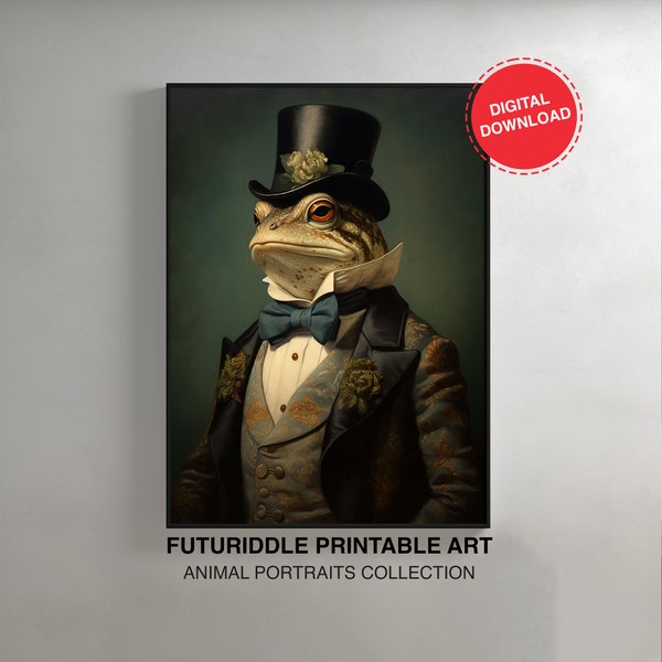 Vintage Gentleman Frog in British Suit, Antique Art Poster, Animal Head Human Body, Toad Wearing A Hat, Download, Printable Wall Art, F0089