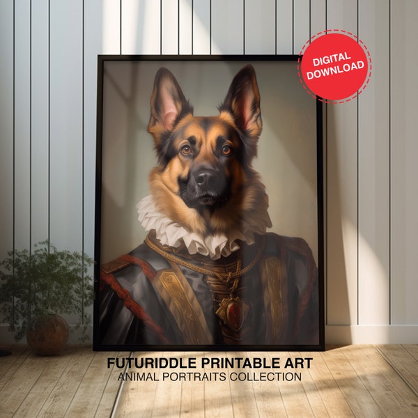 Vintage Aristocratic German Shepherd Print, Pet Renaissance Portrait, Dog Printable Artwork, Animal Head Human Body, Royal Pet Art, F0163