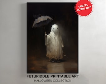 Cute Little Ghost With Umbrella, Printable Gothic Art, Sheeted Ghost Print, Dark Academia Room Decor, Halloween Poster, Wall Decor, F0049