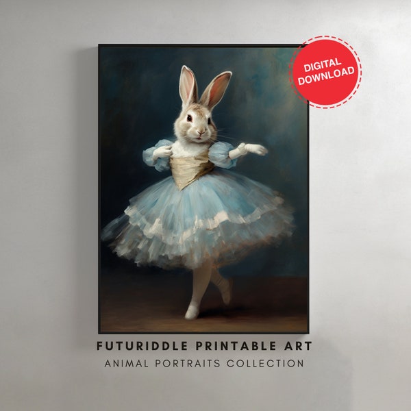 Retrato de conejito rococó vintage, dama conejo, impresión de pintura de mascotas, cartel de arte de liebre antigua, cuerpo de bailarina cabeza de conejo, imprimible, F0098