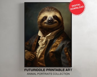 Vintage Aristocratic Sloth Portrait, Sloth Wall Décor, Renaissance Painting, Antique Art Poster, Animal Head Human Body, Printable, F0100
