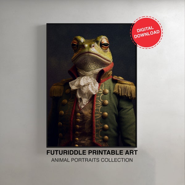 Frog, Military Uniform, Animal Renaissance Portrait, Vintage, Oil Painting, Antique Art Poster, Animal Head Human Body, Download, F0088