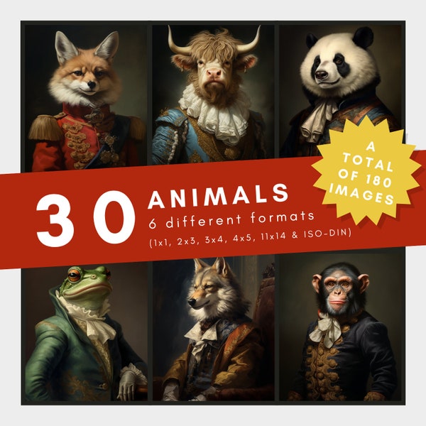 30 Aristocratic Animal Lords, Funny Animal Wall Art, Renaissance Animal Painting, Quirky Animal Art, Home Decor, Big Bundle, Printable