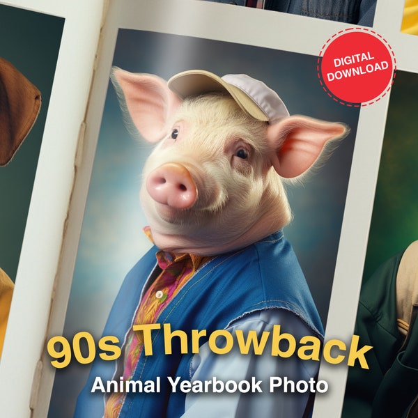 90s Throwback, Retro Pig Portrait, High School Yearbook Photo, Funny Hog Decor, Go Vintage, Hipster Farm Animals, Printable, Download, F0133