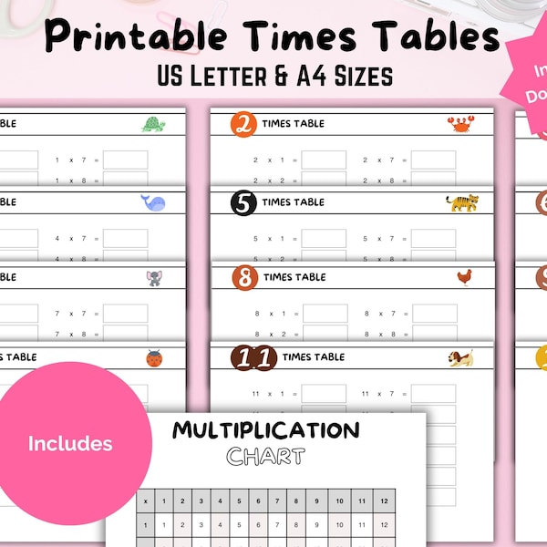 Times table exercise printable with multiplication table for kids maths