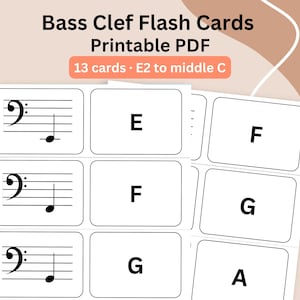 Può includere: Un set di flashcard stampabili in chiave di basso composto da 13 carte che vanno dal mi2 al do centrale. Ogni carta mostra una nota musicale su un pentagramma o la lettera corrispondente in testo nero su sfondo bianco con angoli arrotondati.