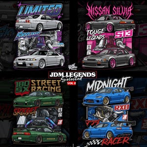 May include: A collection of stylized car illustrations with text overlays. The designs feature various car models in vibrant colors, including silver, green, and blue, with text such as "LIMITED", "NISSAN SILVIA", and "MIDNIGHT RACER". The artwork includes Japanese text and the phrase "JDM Legends Selected Vol. 2".