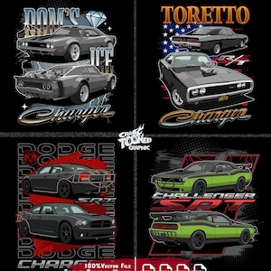 May include: A bundle of four black graphic designs featuring iconic movie cars. Each design showcases a different car model, including the Dodge Charger and Challenger, with text such as "Dom's Ice" and "Toretto". The designs are in a cartoon style.