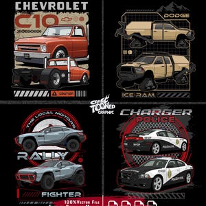May include: A black graphic featuring four iconic movie cars: a Chevrolet C10, a Dodge Ice Ram, a Local Motors Rally Fighter, and a Dodge Charger Police car. The image includes text such as "Iconic Movie Cars Bundle" and "100% Vector File."