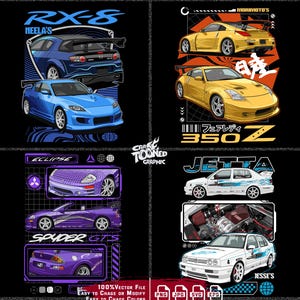 May include: A black graphic featuring illustrations of iconic movie cars, including a blue RX-8, yellow 350Z, purple Eclipse, and white Jetta. Text includes "ICONIC MOVIE CAR BUNDLE" and car names. The image also includes file type icons.