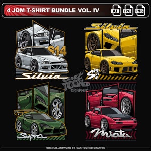 以下が含まれることがあります： 人気のある日本の車のイラストが描かれた、4つのTシャツデザインのセット。デザインには、緑のスープラ、赤いミアータ、黄色のシルビア、銀色のシルビアが含まれています。各デザインには、車の名前がスタイリッシュなフォントで表示されています。