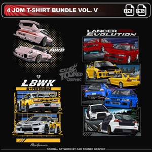 Może przedstawiać: Czarny grafika z czterema wzorami koszulek JDM. Projekty zawierają ilustracje samochodów sportowych w kolorze różowym, żółtym, czerwonym, niebieskim i białym. Tekst zawiera "4 JDM T-SHIRT BUNDLE VOL. V", "Lancer Evolution" i "LBWK LB PERFORMANCE".