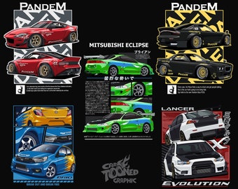 Pode incluir: Um design gráfico com ilustrações de vários carros JDM, incluindo um Pandem vermelho, um Mitsubishi Eclipse verde e azul e um Pandem preto. O design inclui texto como "5 JDM T-Shirt Bundle Vol. VIII" e "Car Tooned Graphic."