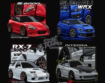 May include: A set of four JDM car t-shirt designs featuring a red Honda S2000, a blue Subaru WRX, a white Mazda RX-7, and a gray Honda Integra Type R. Each design includes the car's name and a stylized illustration of the car.