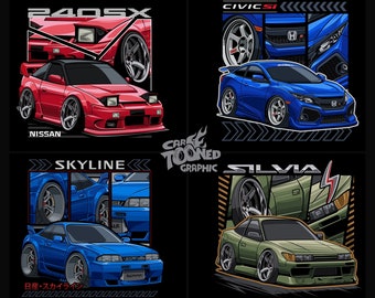May include: A digital illustration of four Japanese cars, a red Nissan 240SX, a blue Honda Civic Si, a blue Nissan Skyline, and a green Nissan Silvia. The cars are all in a cartoon style and have a variety of details, including spoilers, wheels, and decals. The image is set against a black background with the text "JDM T-Shirt Bundle Vol. XII" at the top and "Car Tooned Graphic" in the center.
