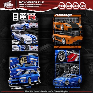 Puede incluir: Una ilustración digital de una colección de coches deportivos japoneses. Los coches son azules, naranjas y rojos. La ilustración está en estilo de dibujos animados. El texto "JDM Car Artwork Bundle by Car Tooned Graphic" está en la parte inferior de la imagen.