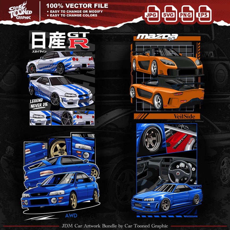 Pu&ograve; includere: Un'illustrazione digitale di una collezione di auto sportive giapponesi. Le auto sono blu, arancioni e rosse. L'illustrazione &egrave; in stile cartone animato. Il testo "JDM Car Artwork Bundle by Car Tooned Graphic" &egrave; in fondo all'immagine.