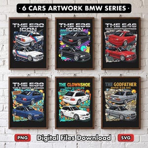 May include: A set of six framed posters titled 6 CARS ARTWORK BMW SERIES, featuring illustrations of BMW E30, E36, E46, E39, M Coupe, and E28 M5 models. Each print displays the car from two angles with colourful graphic backgrounds and text.