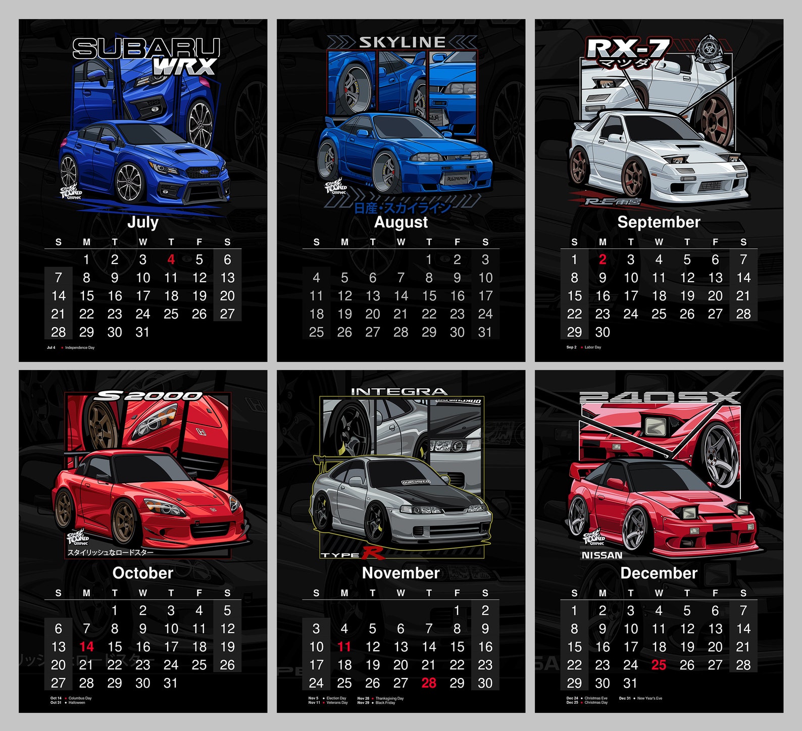 2024 Monthly Print Calendar, 2024 JDM Car Calendar, Monthly Planner