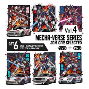 Puede incluir: Una colección de seis impresiones de arte digital que presentan robots mecha y coches JDM. Cada diseño muestra un robot con un coche, con texto japonés y colores vibrantes. La obra de arte está etiquetada como "Mecha-Verse Series Vol. 4."