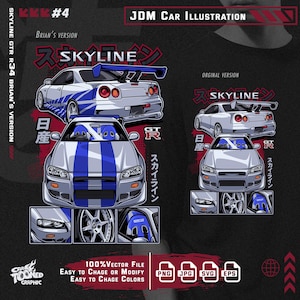May include: A digital illustration of a white Nissan Skyline GT-R R34 with blue racing stripes. The car is shown in two different angles, with Japanese text and the words "Skyline" and "GT-R" on the image. The image is labeled "JDM Car Illustration" and "Brian's Version".